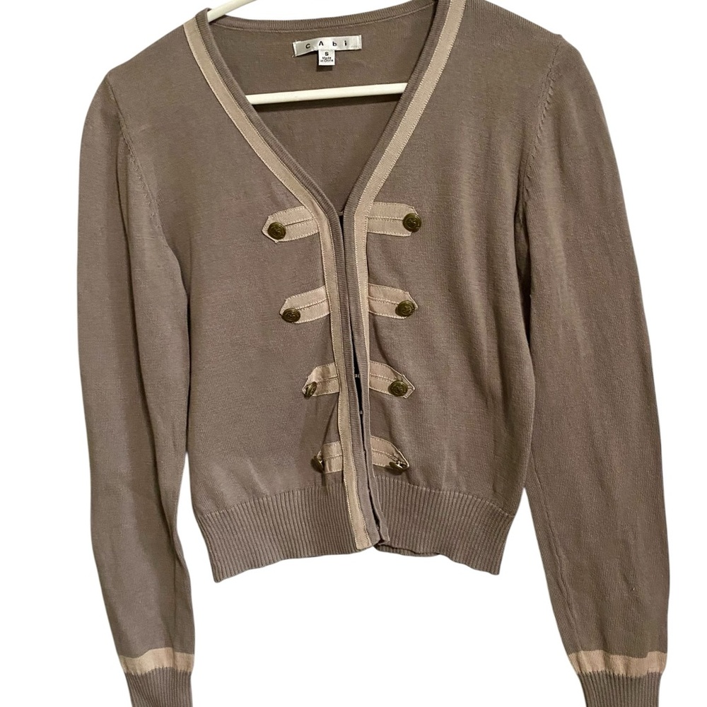 CAbi Taupe Cardigan with Cream Trim and Button Accents